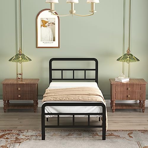 Modern Twin Bed Frame with Headboard & Footboard - Steel Slat Support, No Box Spring Needed, Easy Assembly, Black - 14 Inch