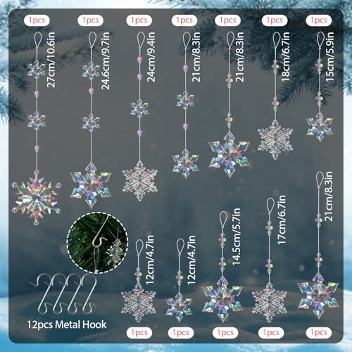 OuMuaMua 12pcs Christmas Crystal Snowflake Ornaments for Christmas Tree Decorations- Iridescent Hanging Acrylic Snowflake Ornaments for Xmas Tree Winter Wonderland Party Decor