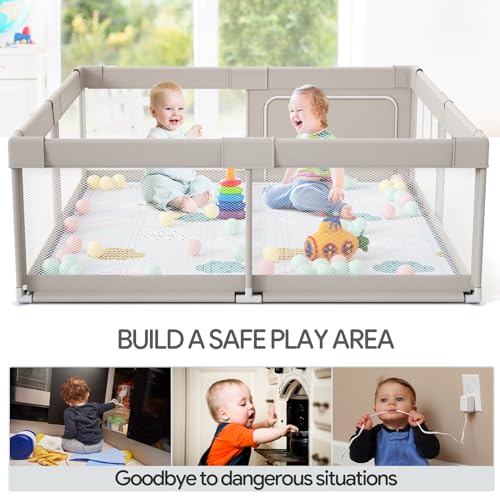 Baby Playpen with Mat - 59x59in Safety Play Yard for Toddlers, Grey