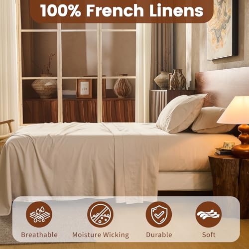 Deep Pocket Linen Sheet Set Queen Size - 4 Piece All-Season Breathable Bed Bedding