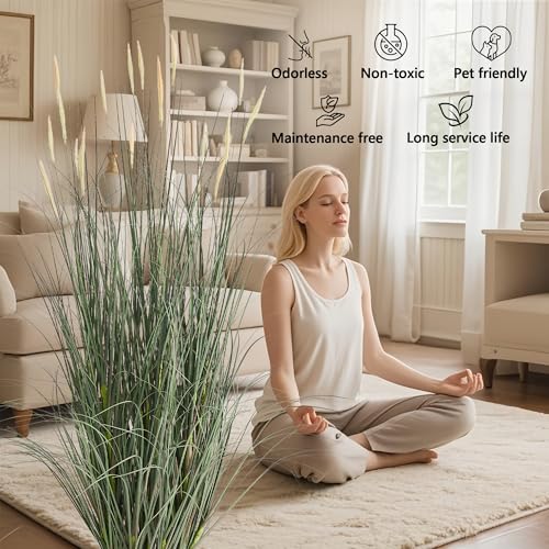 4ft Horsetail Reed Grass Fake Plant with Pink Spikes - 2 Pack, Lush Green