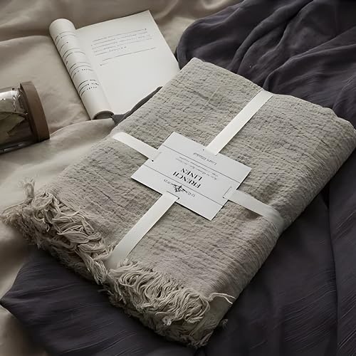 MINUPWELL 100% Linen Blanket 79x57 Inches - Natural Flax Throw Bed Cover