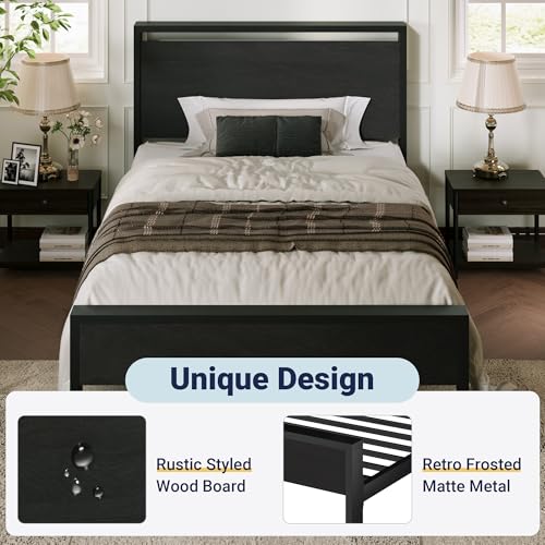 Allewie Twin Size Bed Frame with Metal Slats - Heavy Duty Support, Rustic Black Oak