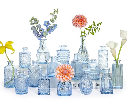 SUPMIND Blue Glass Bud Vases Set of 16 - Small Vintage Flower Centerpieces