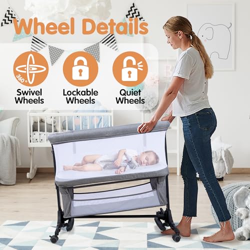 4-in-1 Bedside Bassinet Sleeper with Mesh, 6-Height Adjustable, Washable Mattress - Grey