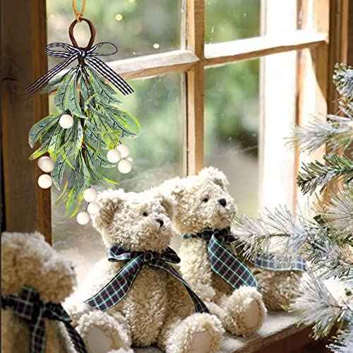 Mistletoe Decor, Artificial Hanging Christmas Mistletoe Picks Plaid Bow White Berries, Kissing Ball Ornaments for Christmas Doorway Kitchen Tree Decorations