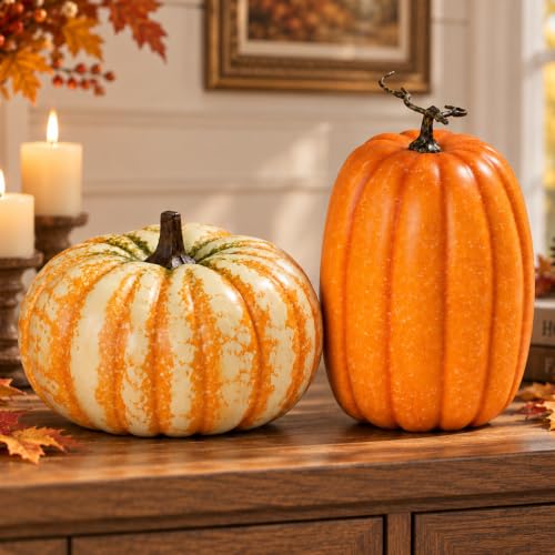 Large Fake Orange-White-Green Pumpkin Set - Harvest Fall Autumn Decor - Frosted Foam Vegetables - Halloween & Thanksgiving