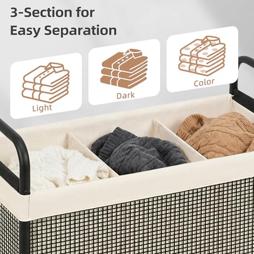 STORAGE MANIAC Rolling Laundry Hamper with Wheels 3-Section Sorter