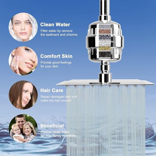 NearMoon Chrome Filtered Shower Head Kit - High Pressure 8" Square, 5 Settings Handheld with Hose & Self-Adhesive Holder