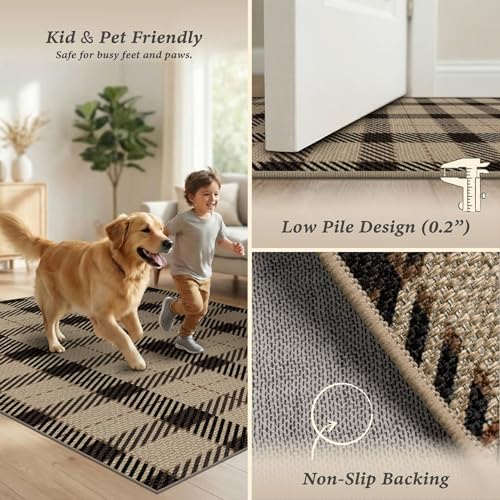 Beige Plaid Outdoor Rug 3x5 for Front Porch, Washable Non Slip Entryway, Farmhouse Style