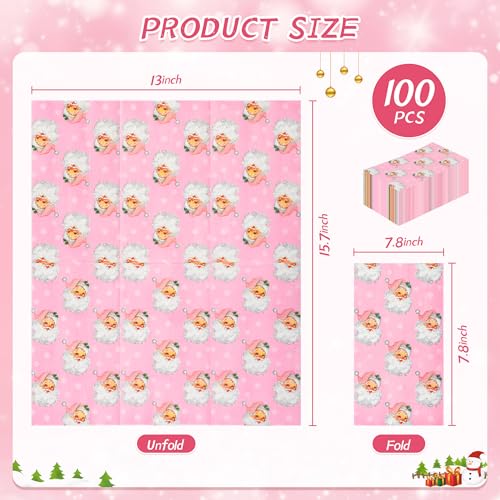 Pink Christmas Paper Napkins with Santa Claus & Snowflakes - 100 Pack