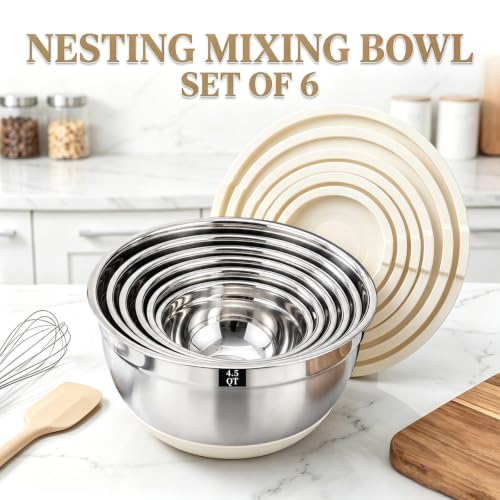 21-Piece Khaki Mixing Bowls Set with Lids, Non-Slip Base & Graters - Nesting Stainless Steel Kitchen Bowls