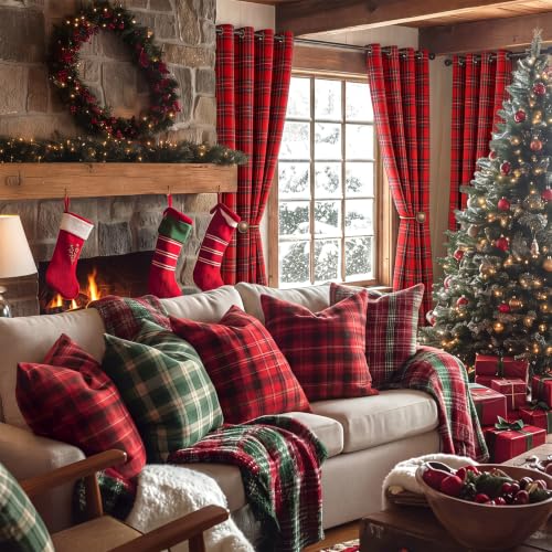 HunnmingRe Red Christmas Tartan Plaid Curtains 52 x 84 Inches – Holiday Window Drapes