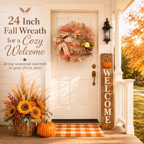 24-Inch Fall Pumpkin Wreath for Front Door - Autumn Harvest Decor - Variation of THIS listing