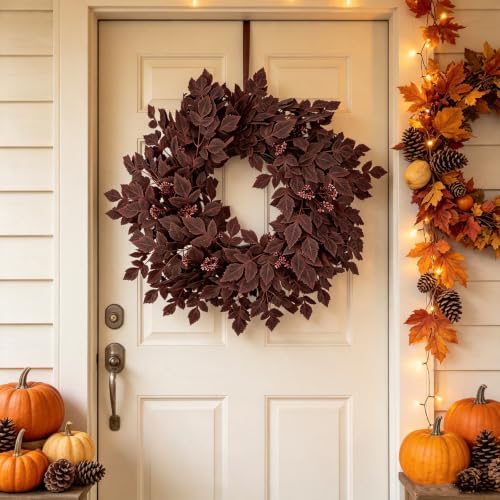 GIAUMA 26-Inch Fall Artificial Cimicifuga Leaves Wreath for Front Door Burgundy