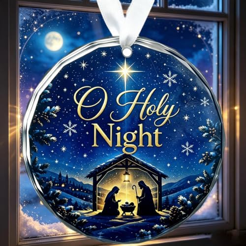 O Holy Night Christmas Ornament - 3 Inch Nativity Scene with Snowflakes & Gold Lettering