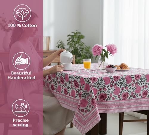 White Ibis Rose Floral Fall Tablecloth 120x72 Inches Hand Block Print, Rectangular Dining Decor