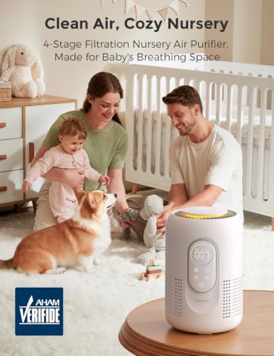 Momcozy Compact Air Purifier for Bedroom with Night Light, HEPA Filter, Real-Time PM2.5 Monitor