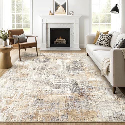 Abstract Gray Gold 8x10 Washable Area Rug - Modern Neutral Living Room Carpet
