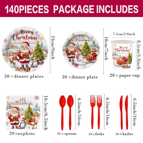 Merry Christmas Party Supplies 140-Piece Tableware Set for 20 Guests - Plates, Napkins, Cups & Cutlery