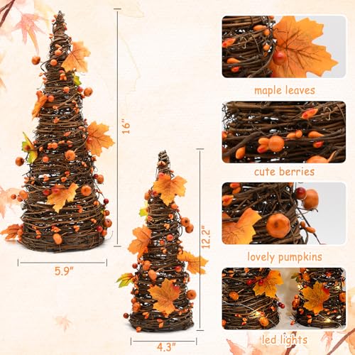 Lighted Fall Tabletop Trees with Pumpkins and Berries - Rustic Thanksgiving Decor - Orange, Yellow, Brown