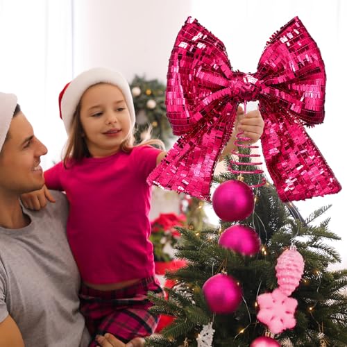 Demissle Hot Pink Sequin Bow Christmas Tree Topper 10 x 12 in