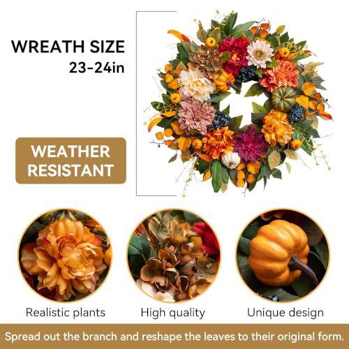 Fall Wreath for Front Door 24 Inch - Rustic Farmhouse Harvest Orange