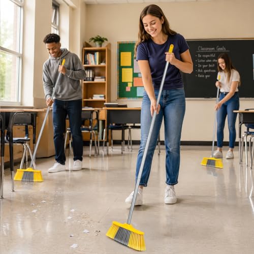 TreeLen B-Yellow 6 Pack Indoor Soft Bristle Brooms with 55-Inch Handle for Hardwood Floors