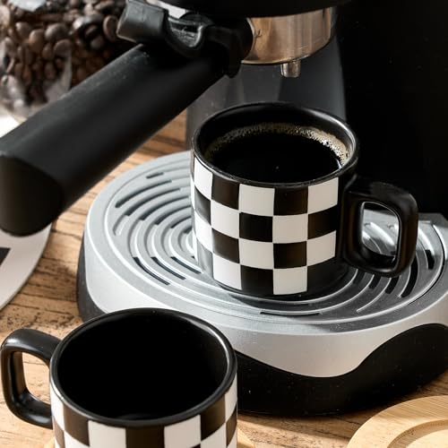 LUKA Black & White Checkered Stackable Espresso Cups Set with Saucers, 4oz - Variation 4BKG