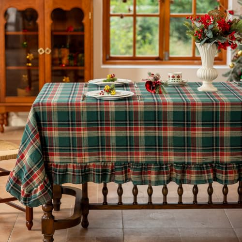 Green Plaid Christmas Ruffled Cotton Blend Tablecloth 60x120" Rectangle