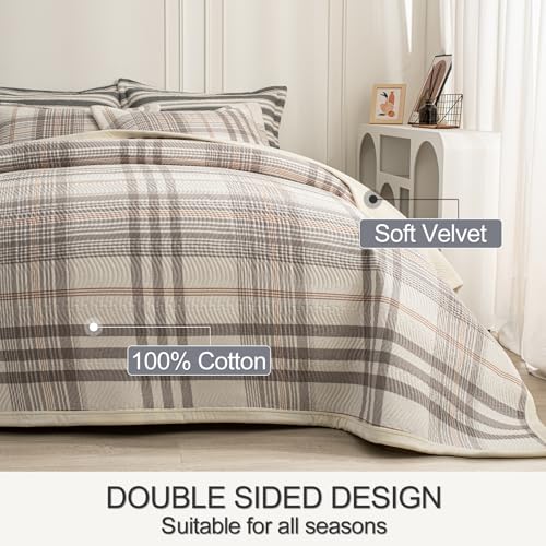 Queen Size Reversible Cotton Quilt Set with Wave Quilting - Grey & White, 90x96, Grid Pattern - Includes 2 Pillow Shams - Light & Soft for All Seasons
