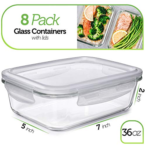 PrepNaturals 8 Pack 36oz Glass Meal Prep Containers with Airtight Lids - 1 Compartment