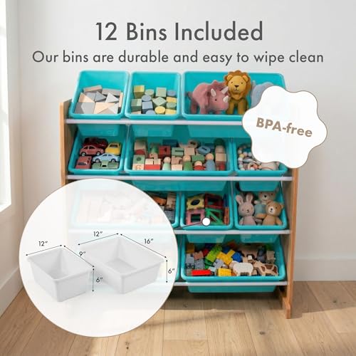 Kids Toy Organizer with 12 Bins - Tall Natural Wood & Aqua Storage Shelf