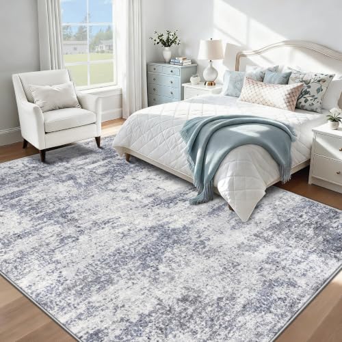 Blue Grey 8x10 Washable Abstract Area Rug for Living Room - Non Slip