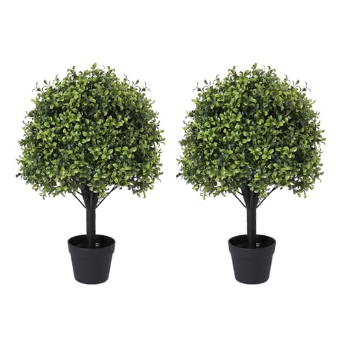 Artificial Boxwood Topiary Ball Trees Outdoor Faux Plants - Green, 27 Inches