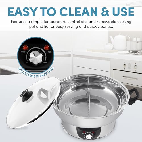 Dual-Sided Hot Pot 5Qt Stainless Steel - Adjustable Temperature, Dishwasher Safe