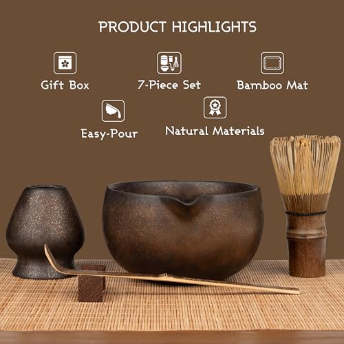 Matcha Set with 100-Prong Bamboo Whisk & Bowl - Brown, 7-Piece