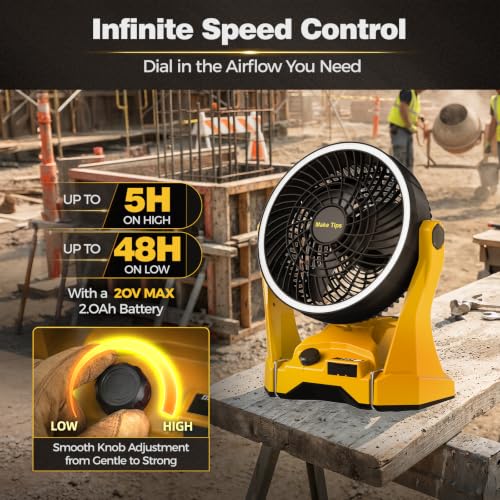 MakeTips Portable DeWalt 20V Max Battery Fan with LED Ring Light - Black & Yellow