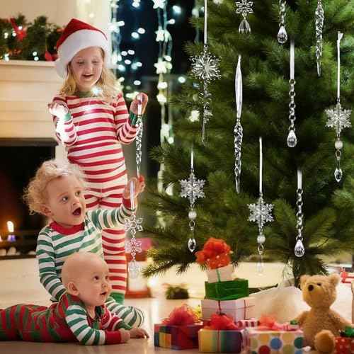 18PCS Crystal Christmas Ornaments for Tree Decorations Hanging Acrylic Christmas Snowflake Icicle Crystal Ornament for Xmas Tree, Winter Holiday Wonderland