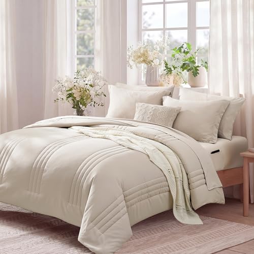 Monbix Oversized King Comforter Set - Apricot Beige Bedding 7 Pieces Bed in a Bag