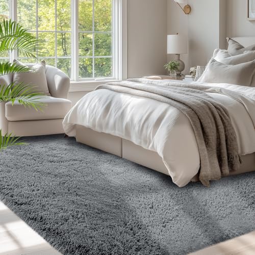Grey Fluffy Area Rug 5x7 Feet Shag Bedroom Carpet Non-Slip Dorm Decor