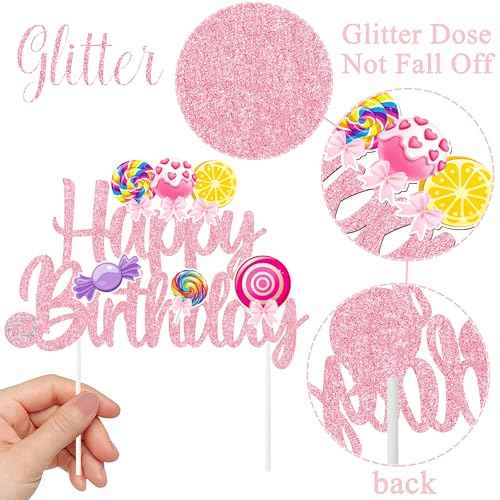 Candy Birthday Cake Topper Lollipop Birthday Party Supplies Pink Glitter Candyland Birthday Cake Decorations for Girl Candy Theme Baby Shower Birthday Party Supplies
