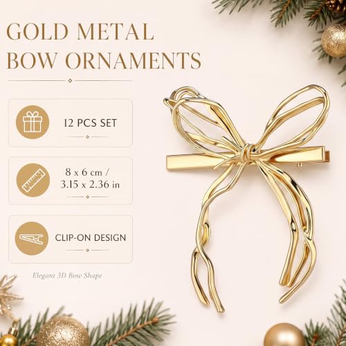 12 Pcs Gold Metal Bow Ornaments with Clip for Christmas Tree