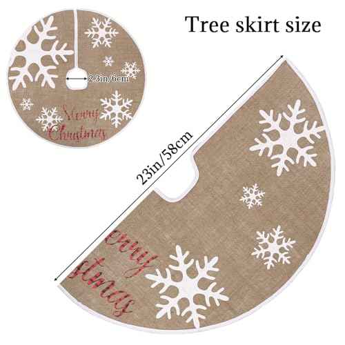 MACTING Small Christmas Tree Skirt, 23 inch Farmhouse Burlap Snowflake Tree Mat with Buffalo Plaid Merry Christmas Printed for Holiday Party Indoor Home Xmas Decorations