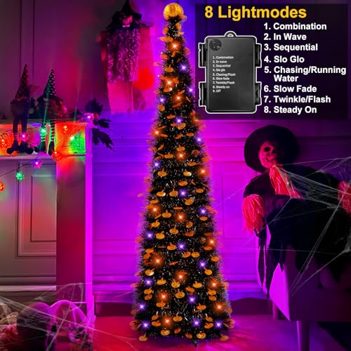 TURNMEON 5ft Black Tinsel Halloween Tree with Lights and Pumpkins