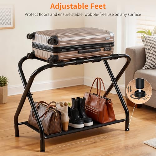 Heybly Black Luggage Rack for Guest Room with Storage Shelf - Pack of 2