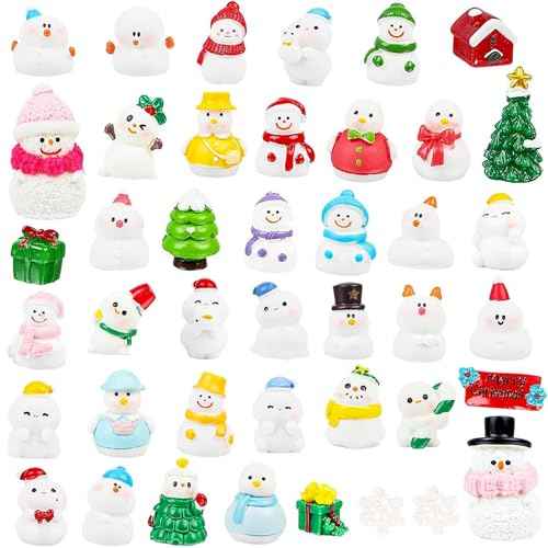 DIYASY 50 Pcs Snowman Miniature Figurines, Christmas Mini Crafts Resin Snowman Ornaments Kit for DIY Xmas Fairy Garden Snow Globes Decor Village Accessories