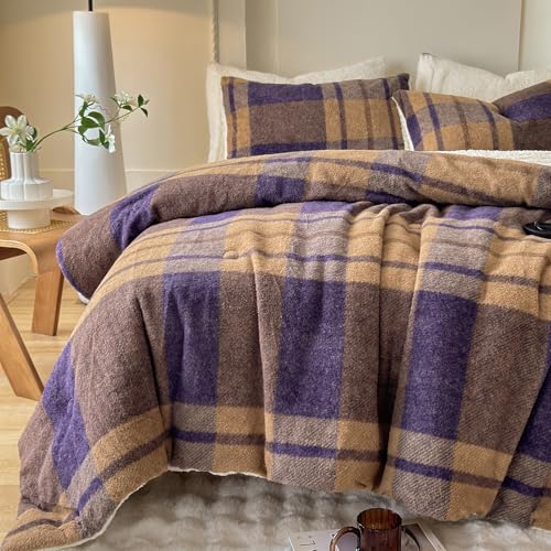 Cyusri Khaki & Blue Plaid Sherpa Comforter Set Queen Size 90x90 with 2 Pillowcases