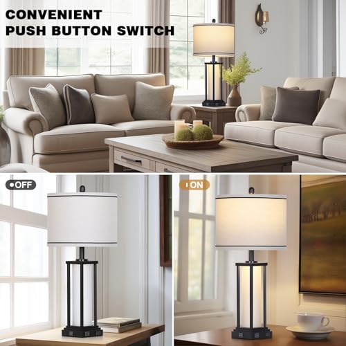 27-Inch Vintage Farmhouse Table Lamp with USB-C+A Outlets, Nightlight - Black-1P