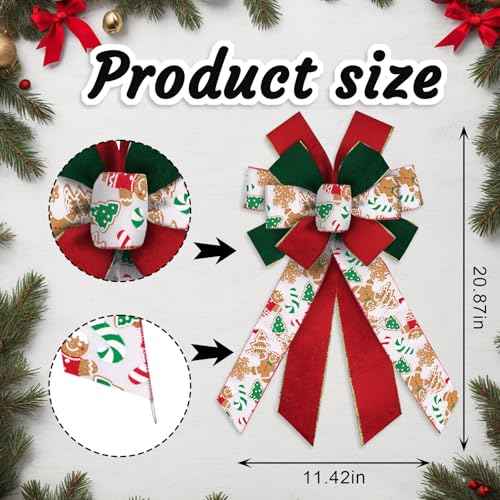 Large Christmas Bow for Wreath, 11.42 in 20.86 in Gingerbread Cookies & Candy Canes Ivory Wired Craft Bow for Christmas Tree, Gift Wrapping, Holiday Home Decor